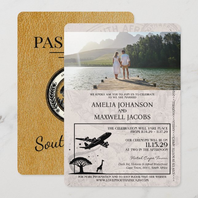 Invitación Boda de Passport de Sudáfrica Gold (Anverso / Reverso)