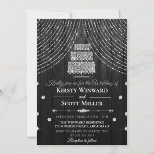 Invitación Boda de pastel de cortina de diamante negro platea