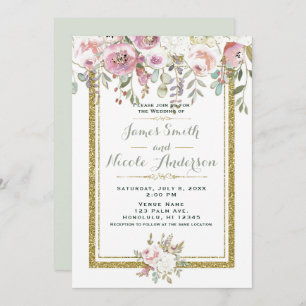 Invitación Boda de Pastel Floral Moderno Rosa Verde y Oro