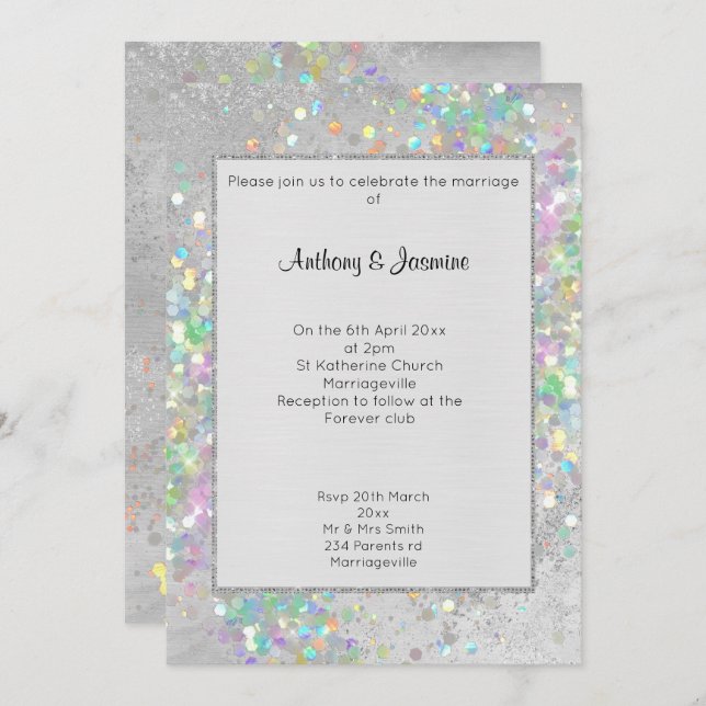 INVITACIÓN BODA DE PASTEL HOLOGRÁFICO DE MÁRMOL DE PLATA TRAG (Anverso / Reverso)