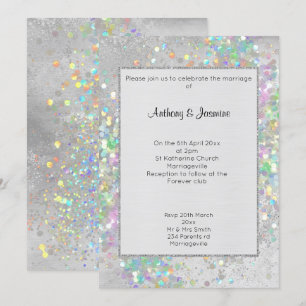 INVITACIÓN BODA DE PASTEL HOLOGRÁFICO DE MÁRMOL DE PLATA TRAG