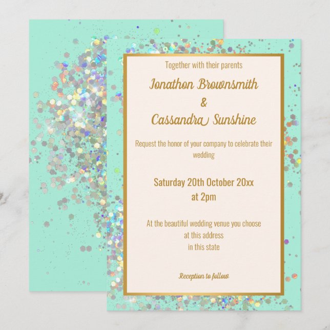 Invitación Boda DE PASTEL HOLOGRÁFICO DE ORO SENCILLO Y MODER (Anverso / Reverso)