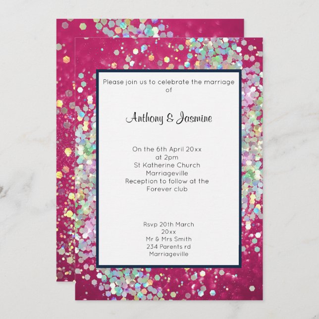 Invitación Boda DE PASTEL HOLOGRÁFICO DEL GUARNECIDO DE LA MA (Anverso / Reverso)
