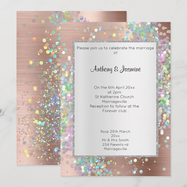 INVITACIÓN BODA DE PASTEL HOLOGRÁFICO METÁLICO DE ORO ROSA (Anverso / Reverso)