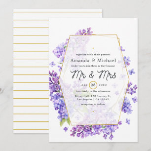 Invitación Boda de Pastel Violeta y Dorado Geométrico Herbari
