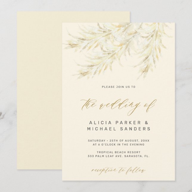 Invitación Boda de pasto de pampas de oro bohemio tropical (Anverso / Reverso)