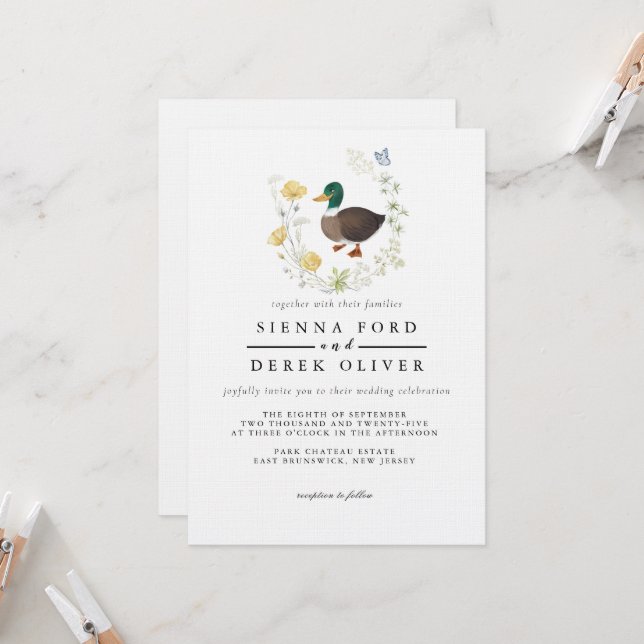 Invitación Boda de Pato Real con Flor Silvestre (Anverso/Reverso In Situ)
