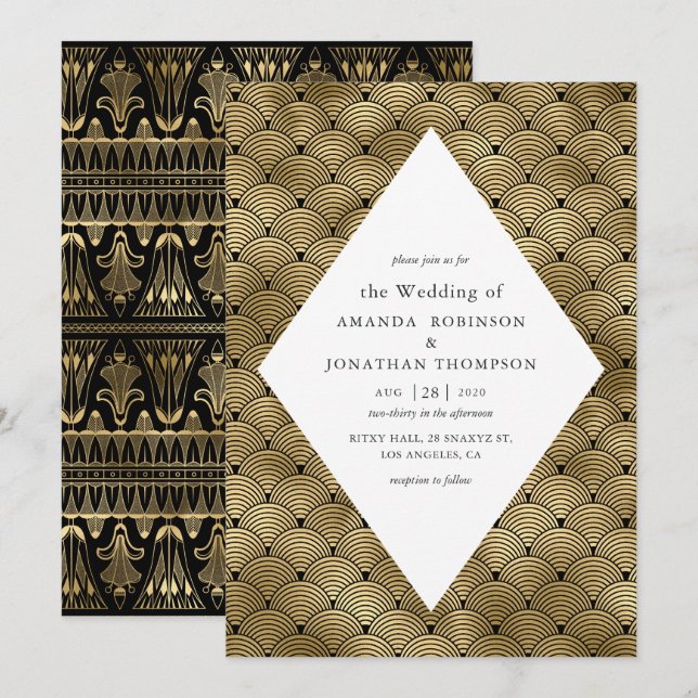Invitación Boda de patrón Art Deco Negro y Oro (Anverso / Reverso)