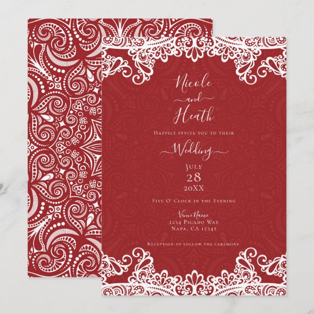 Invitación Boda de Patrón Audaz de Encaje Rojo y Blanco Boho (Anverso / Reverso)