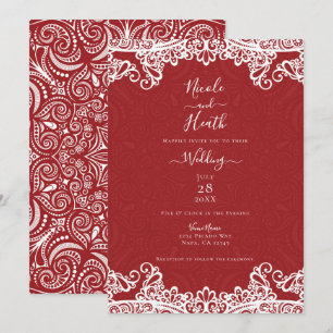 Invitación Boda de Patrón Audaz de Encaje Rojo y Blanco Boho