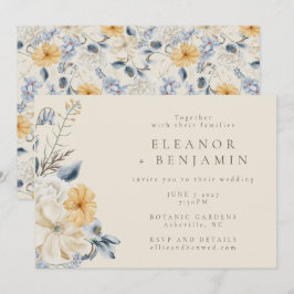 Invitación Boda de Patrón de Acuarela Floral Azul Amarillo Bo