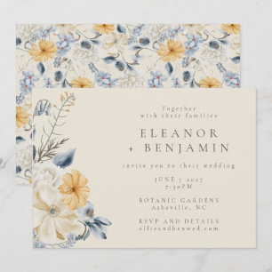 Invitación Boda de Patrón de Acuarela Floral Azul Amarillo Bo