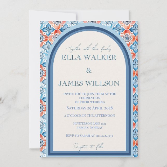 Invitación Boda de patrón de baldosa de iglesia de verano (Anverso)