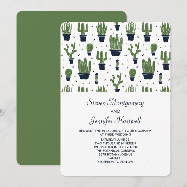 Invitación Boda de Patrón de Cactus Verde Rústico en Macetas  (Anverso / Reverso)