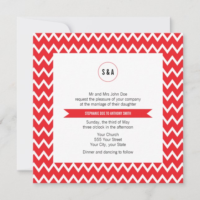 Invitación Boda de patrón de cheurón blanco y rojo monograma (Anverso)