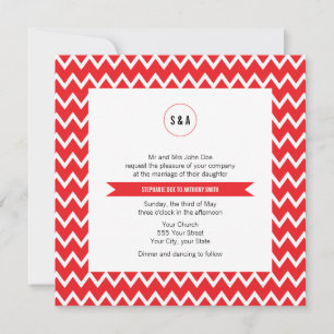 Invitación Boda de patrón de cheurón blanco y rojo monograma