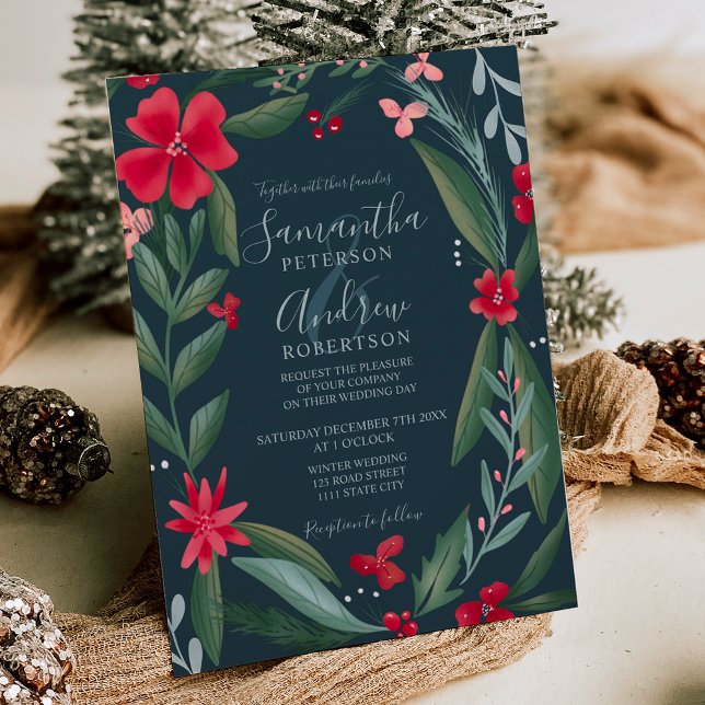 Invitación Boda de patrón de flor floral verde rojo (Red green floral wreath pattern wedding invitation on blue)