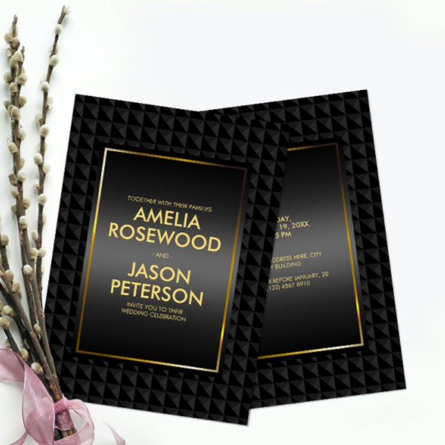 Invitación Boda de patrón de forma de polígono negro de lujo (Subido por el creador)
