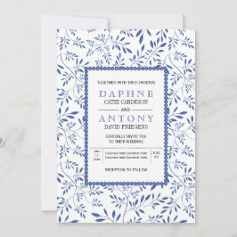 Invitación Boda de patrón de hojas azul índigo moderno