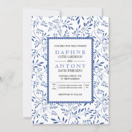 Invitación Boda de patrón de hojas azul índigo moderno