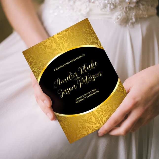 Invitación Boda de patrón de hojas de oro lujosas grabadas (Subido por el creador)