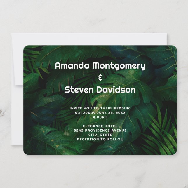 Invitación Boda de patrón de hojas tropicales verde oscuro (Anverso)