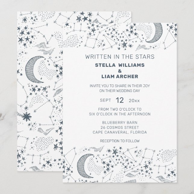 Invitación Boda De Patrón De Luna Estelar Blanco Y Azul (Anverso / Reverso)