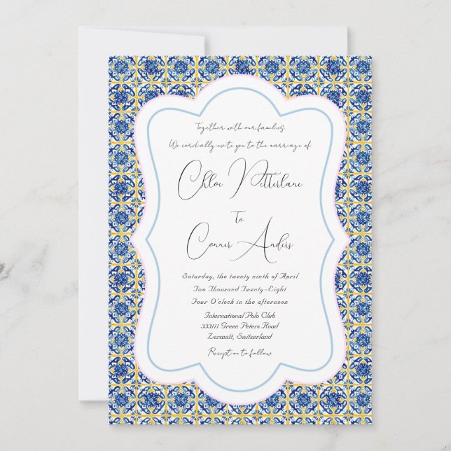 Invitación Boda de patrón de mosaico azul detallado brillante (Anverso)