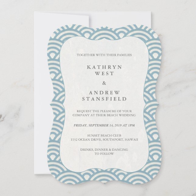 Invitación Boda de patrón de onda blanca y azul moderno simpl (Anverso)