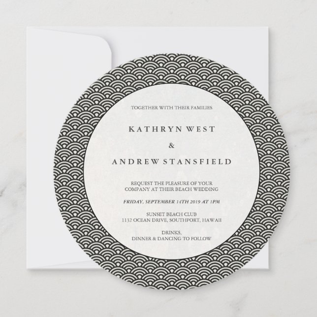 Invitación Boda de patrón de onda negro redondo + blanco Art  (Anverso)
