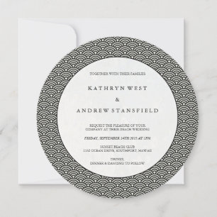 Invitación Boda de patrón de onda negro redondo + blanco Art 