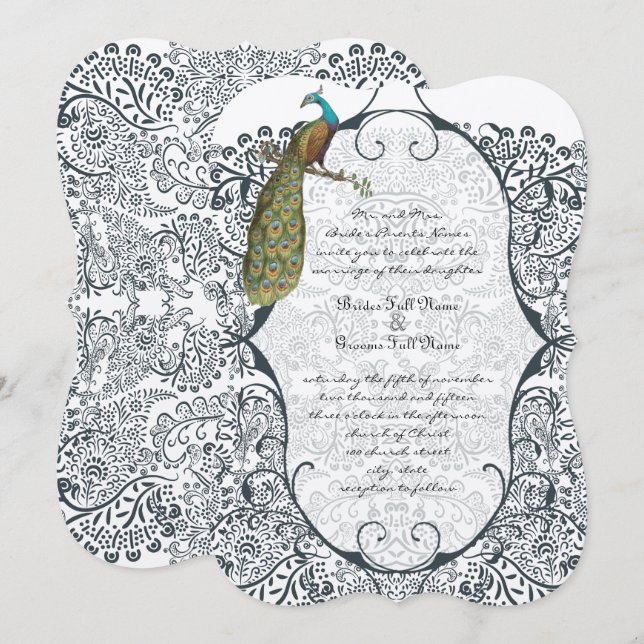 Invitación Boda de patrón de pájaro de amor por pavo real (Anverso / Reverso)