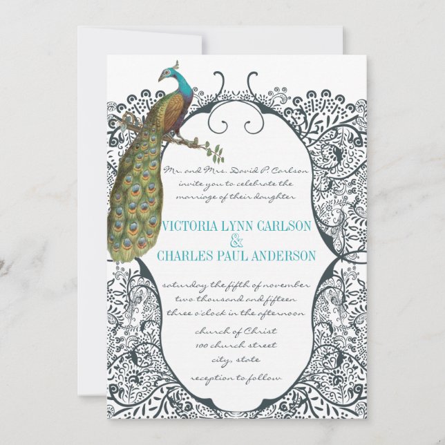 Invitación Boda de patrón de pájaro de amor por pavo real (Anverso)