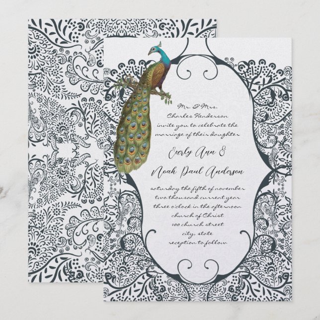 Invitación Boda de patrón de pájaro de amor por pavo real (Anverso / Reverso)
