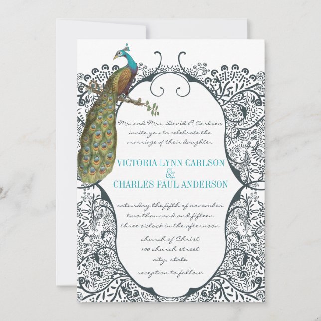 Invitación Boda de patrón de pájaro de amor por pavo real (Anverso)