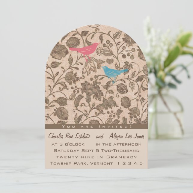 Invitación Boda de patrón de pájaro de amor rosa de Aqua (Anverso de pie)