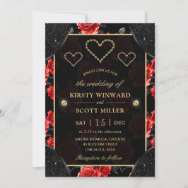 Invitación Boda de Patrón de Rosa Negra y Roja y Diamantes Do