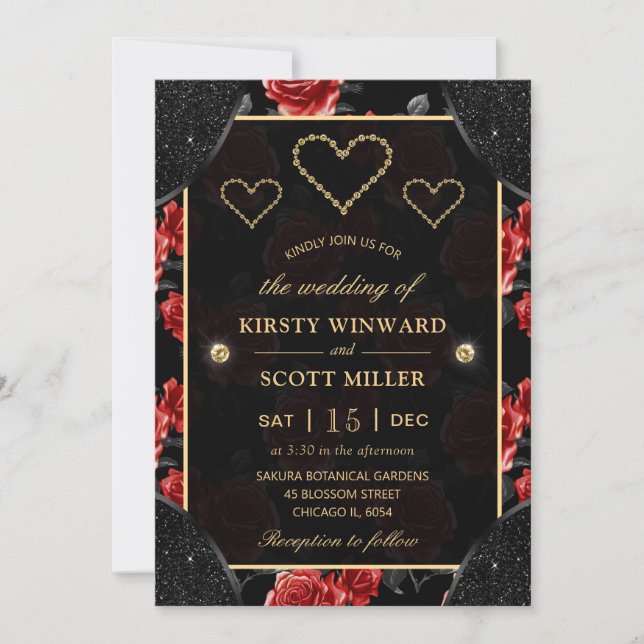 Invitación Boda de patrón de rosa negro y rojo y diamantes de (Anverso)
