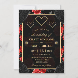 Invitación Boda de patrón de rosa negro y rojo y diamantes de