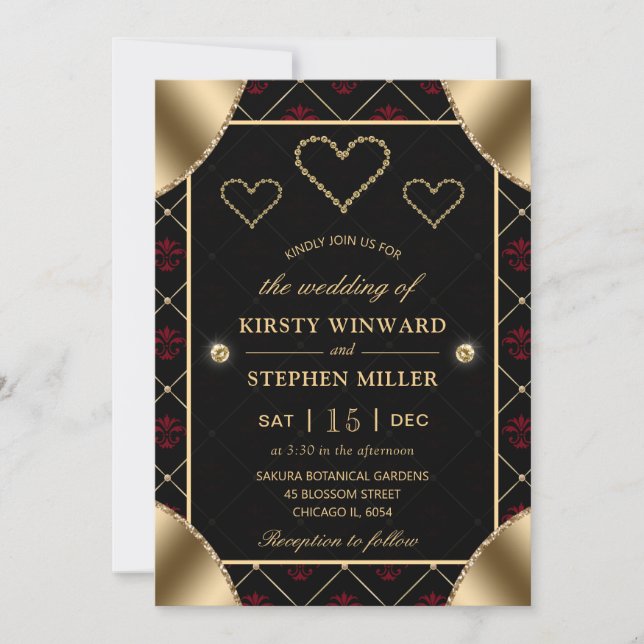 Invitación Boda de patrón de rosa negro y rojo y diamantes de (Anverso)