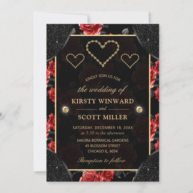 Invitación Boda de patrón de rosa negro y rojo y diamantes de (Anverso)