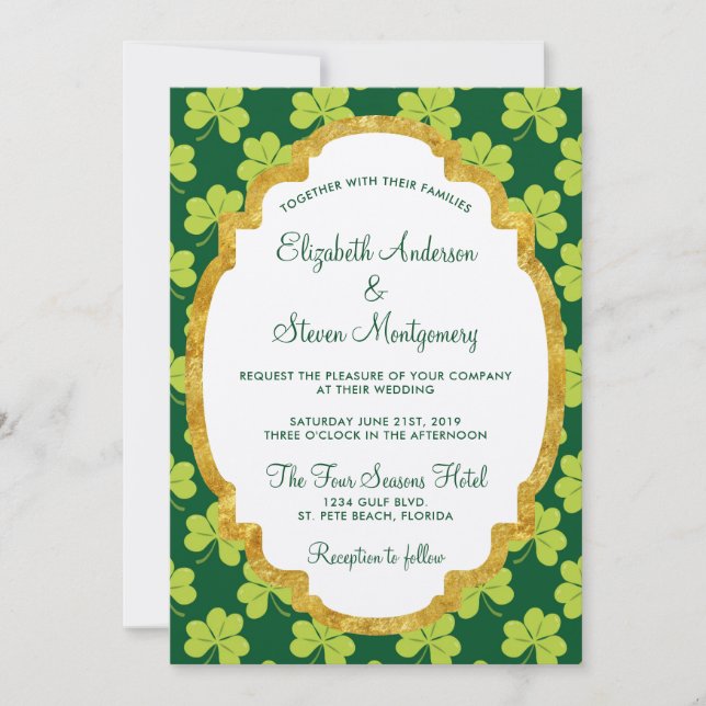 Invitación Boda de patrón de Shamrock de Atractivo Verde (Anverso)