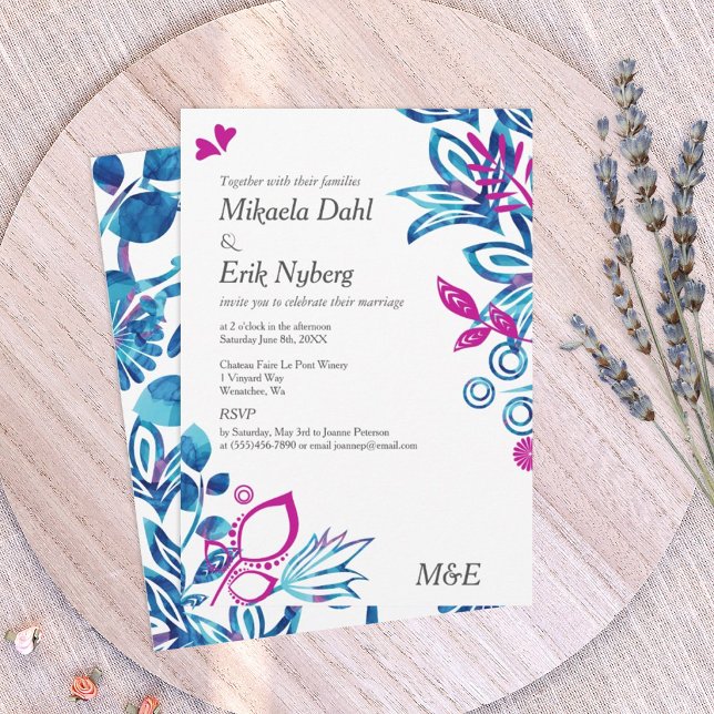 Invitación Boda de patrón escandinavo azul y rosa (royal blue and magenta pink wedding invitations, blue and pink floral design)