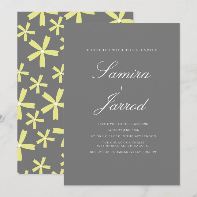 Invitación Boda de Patrón Floral Amarillo y Gris Simple (Anverso / Reverso)