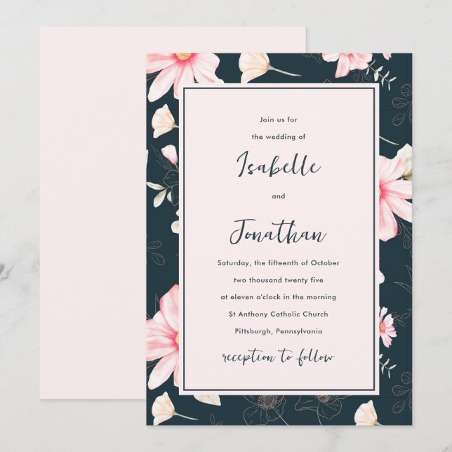 Invitación Boda de patrón floral azul de Rubor bonito (Anverso / Reverso)