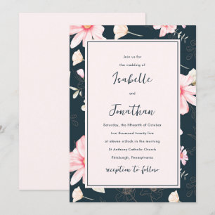 Invitación Boda de patrón floral azul de Rubor bonito
