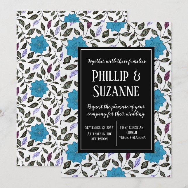Invitación Boda de patrón floral azul vintage (Anverso / Reverso)