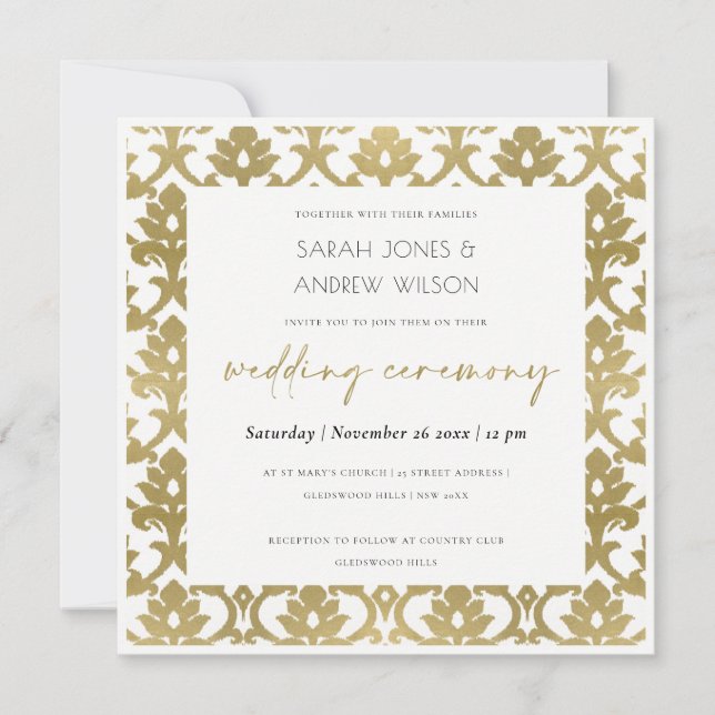 INVITACIÓN BODA DE PATRÓN FLORAL CLÁSICO DE ORO DAMASK (Anverso)