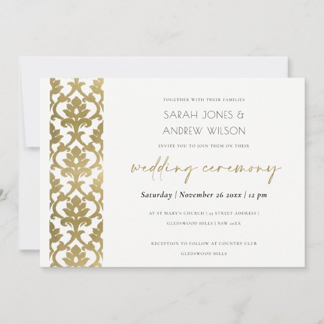 INVITACIÓN BODA DE PATRÓN FLORAL CLÁSICO DE ORO DAMASK (Anverso)
