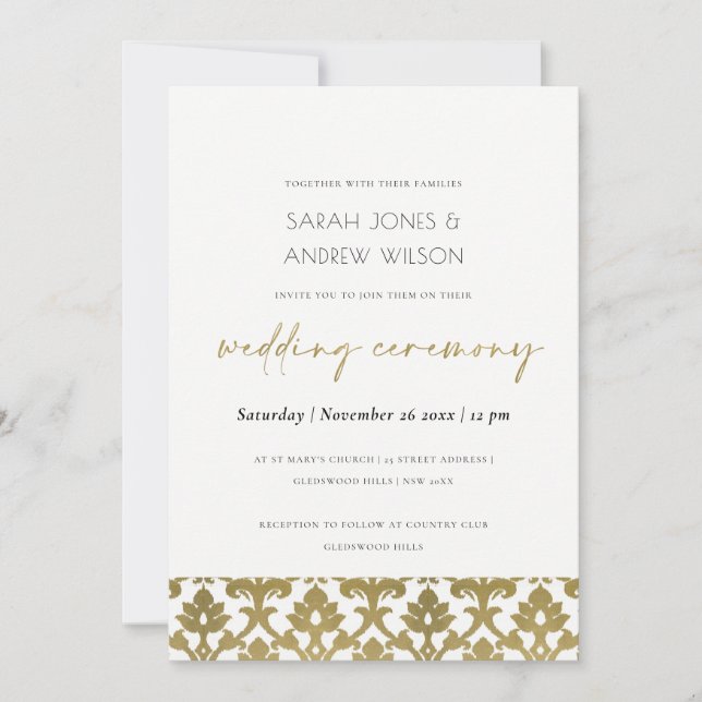 INVITACIÓN BODA DE PATRÓN FLORAL CLÁSICO DE ORO DAMASK (Anverso)